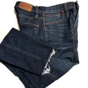 Madewell 10" High rise skinny jeans raw hem ankle dark denim logo. Size 23.